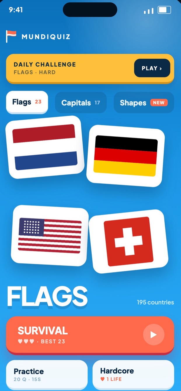 The MundiQuiz home screen: the daily challenge, three family tabs, and four flag cards.